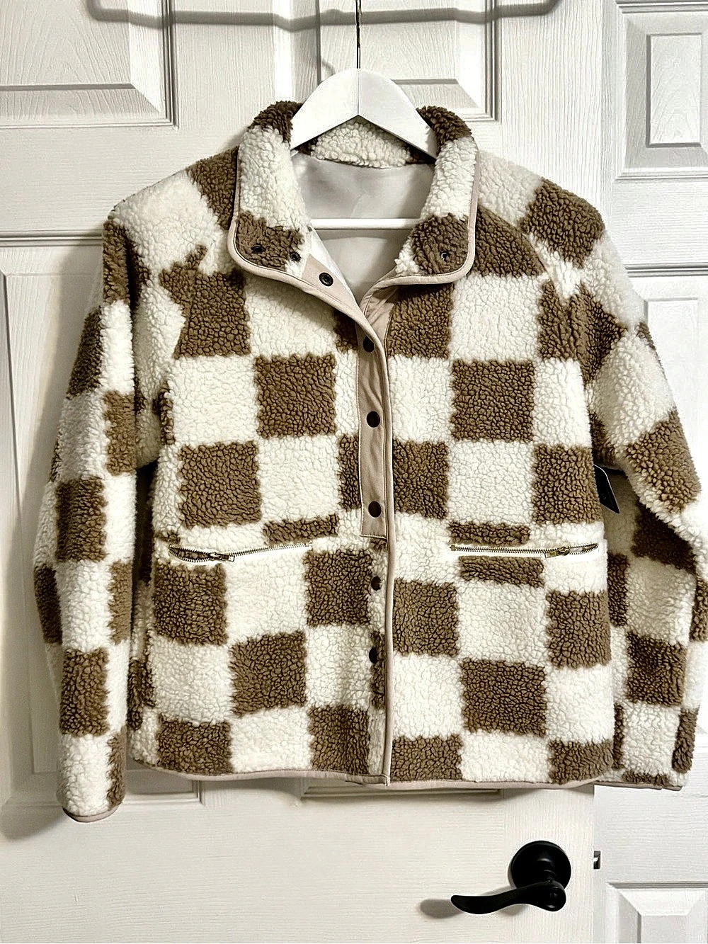 Checkered Teddy Jacket in Brown & Cream Size Small
